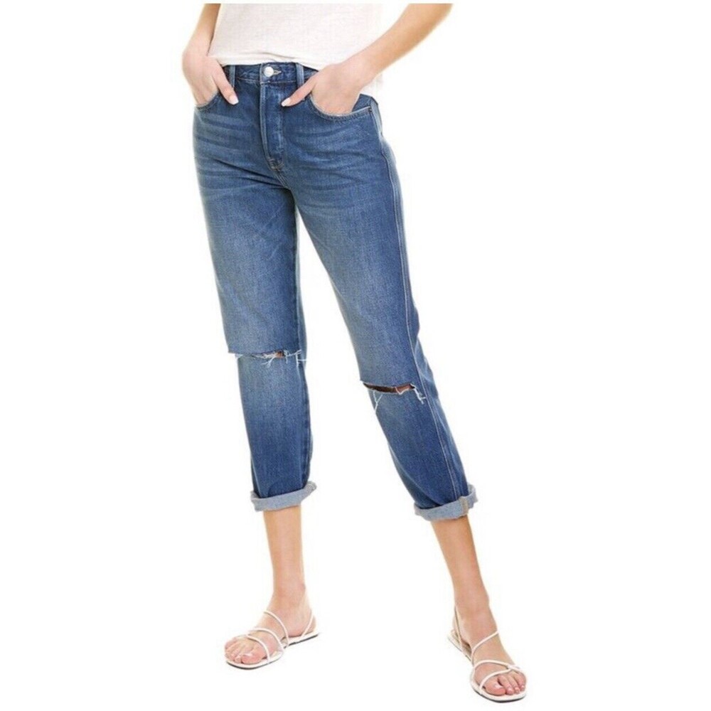 Frame Le Original High Rise Straight Leg Distressed Knee Rip Jeans Blue Size 27